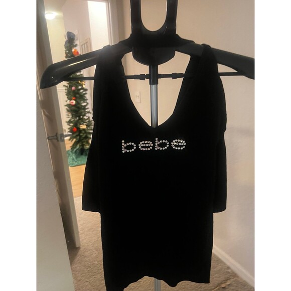 Bebe Swarovski Crystal Bedazzled Y2K Logo Cold Shoulder V-Neck Sweater - Picture 3 of 9